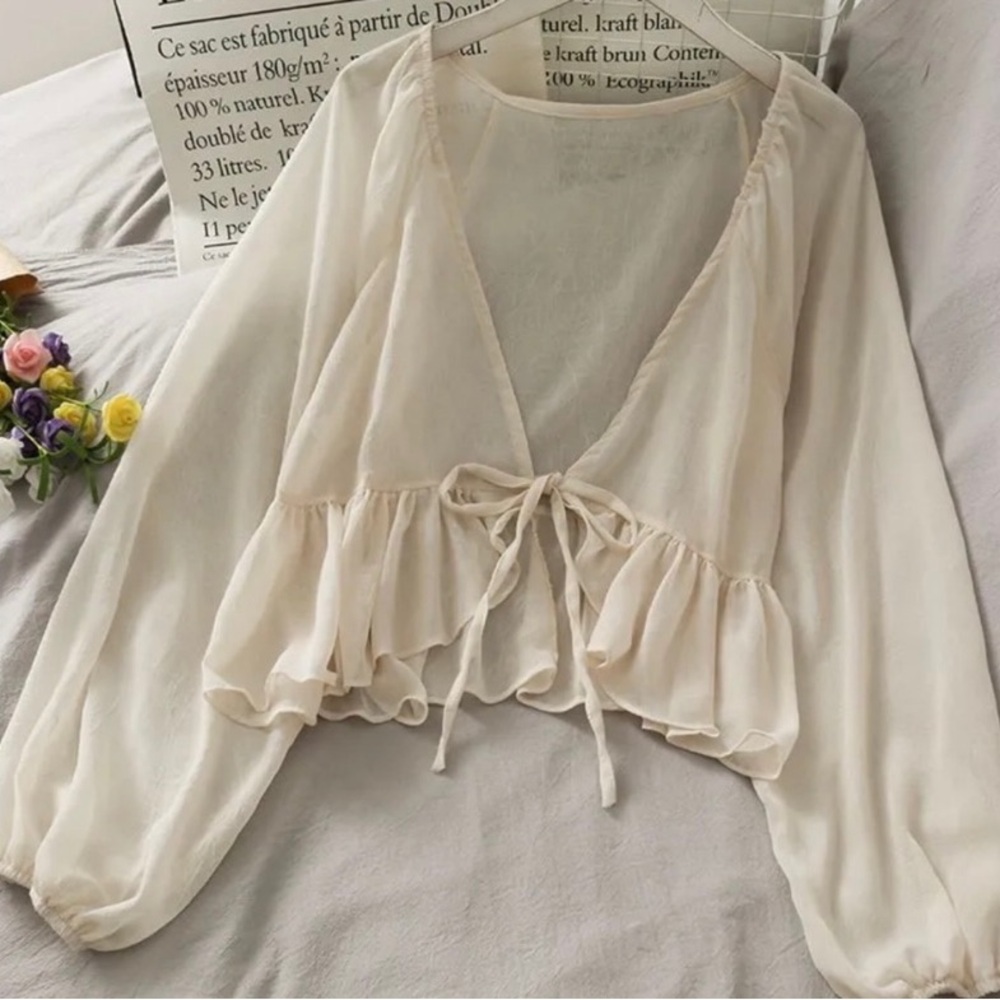 Sheer Off-White Tie Blouse / Cardigan